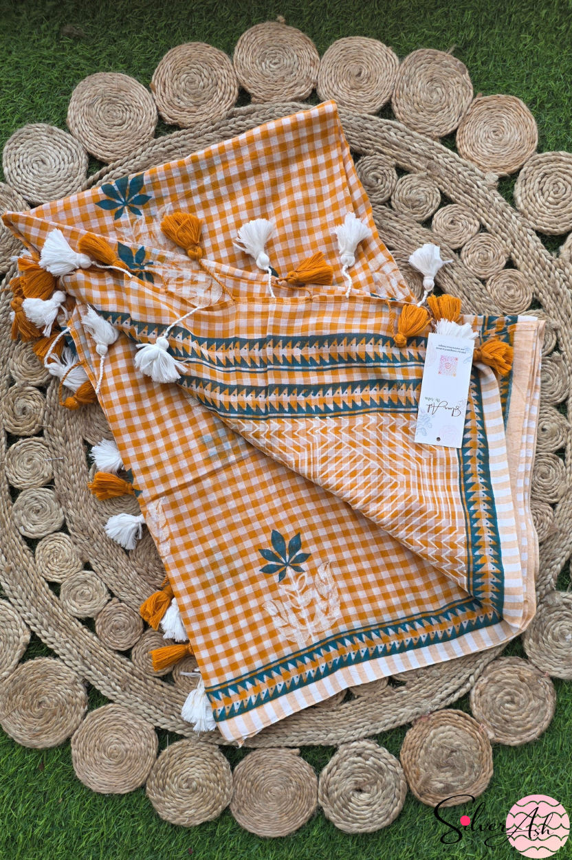 Handblock Printed CHAKOR MULCOTTON Mustard Saree