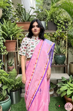 Handblock Printed CHIDIYA MULCOTTON Pink Saree with Blouse Piece