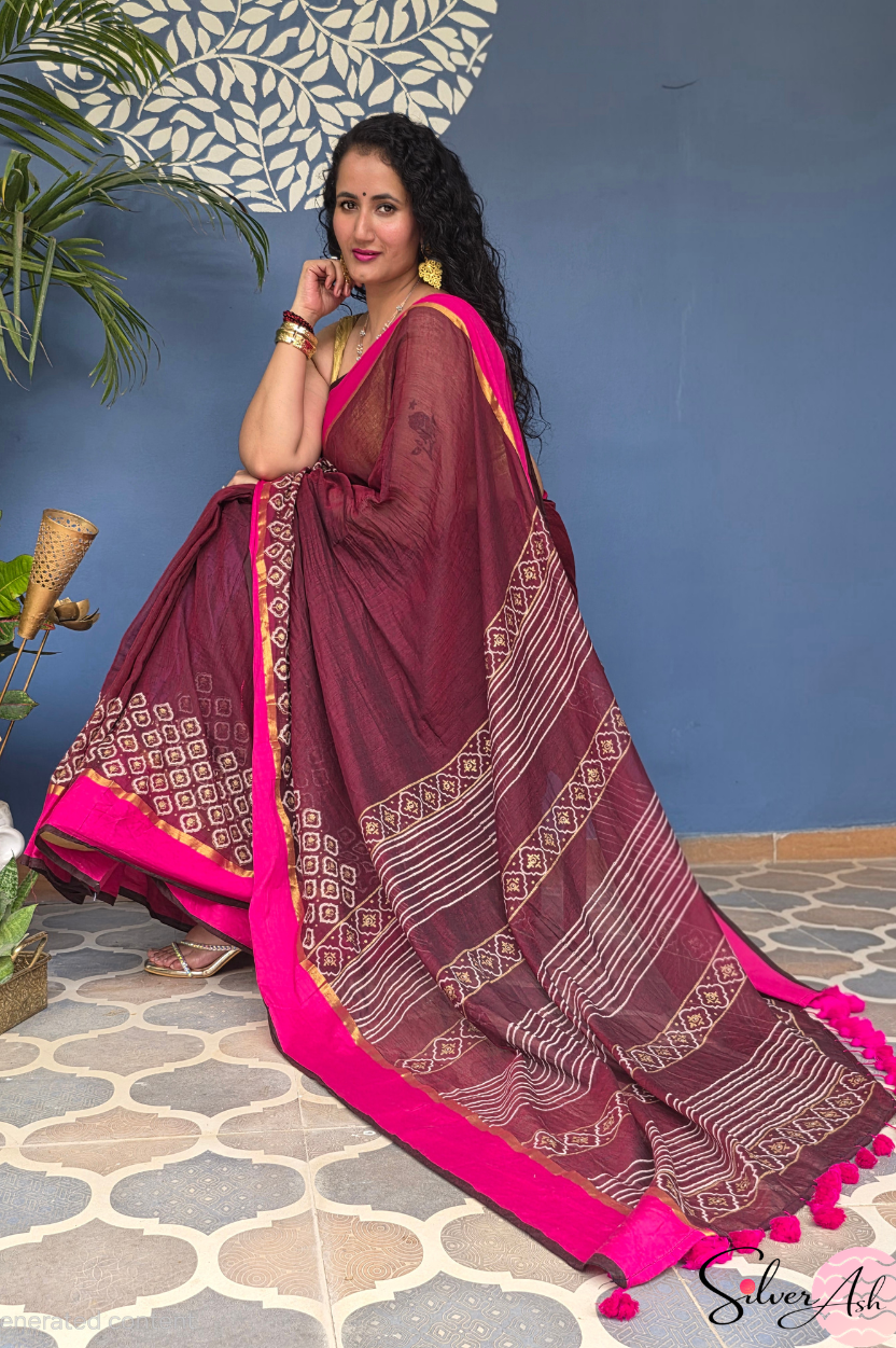 Handblock Printed KASHVI MULCOTTON Coke Saree with Blouse Piece