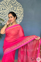 Handblock Printed KASHVI MULCOTTON Pink Saree with Blouse Piece