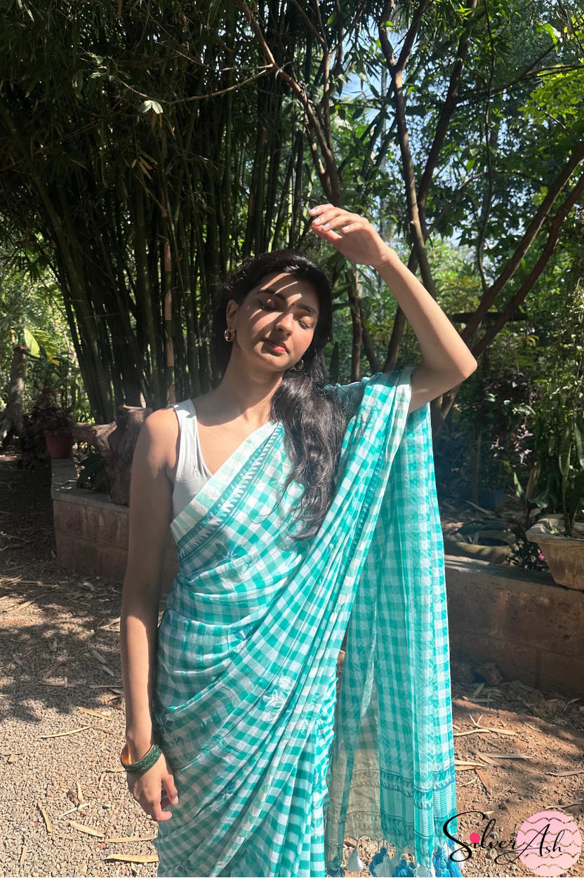 Handblock Printed CHAKOR MULCOTTON Green Saree