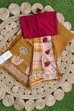 Handblock Printed MAYA MEMSAAB MUSLIN SILK Mustard Saree with Blouse Piece