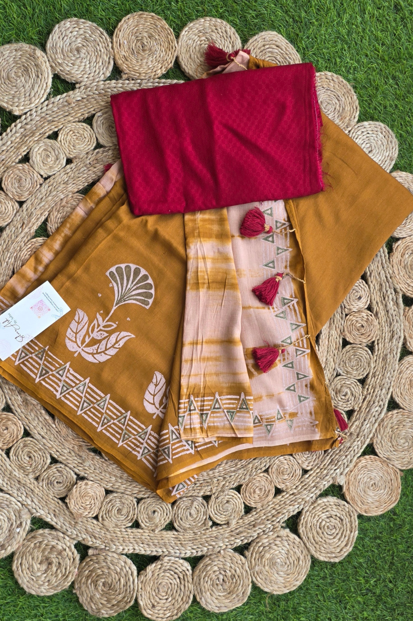 Handblock Printed MAYA MEMSAAB MUSLIN SILK Mustard Saree with Blouse Piece