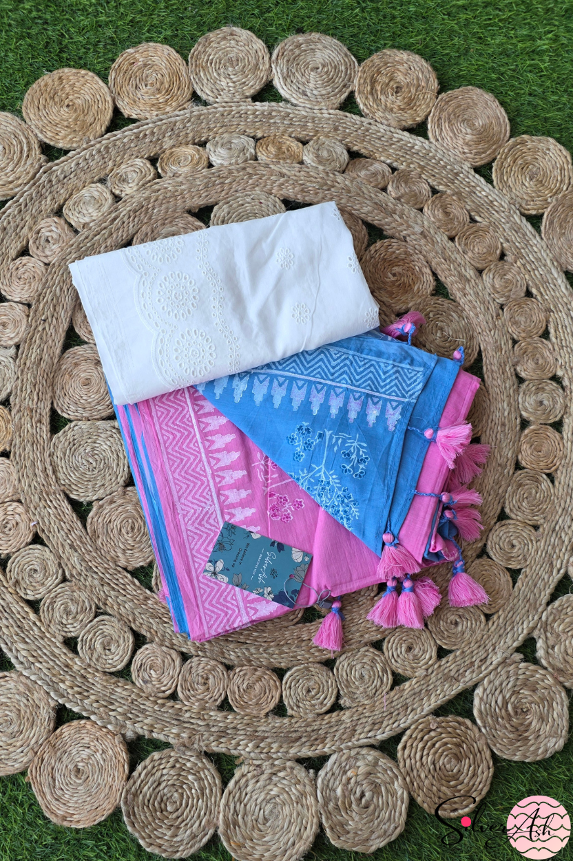 Handblock Printed DIL SE MULCOTTON Blue Pink Saree with Blouse Piece