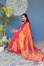 Handblock Printed RAAS Tissue Red Saree with Blouse Piece