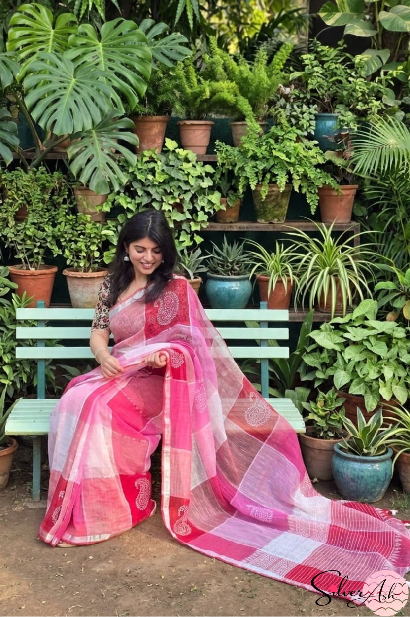 Handblock Printed RANG DE MOHE LINEN PINK-RED Saree with Blouse Piece