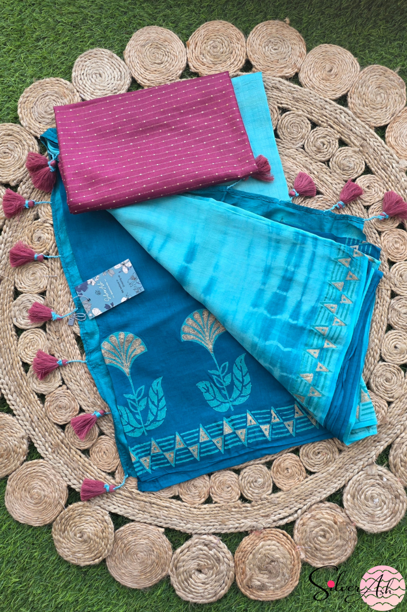 Handblock Printed MAYA MEMSAAB MUSLIN SILK Teal Blue Saree with Blouse Piece
