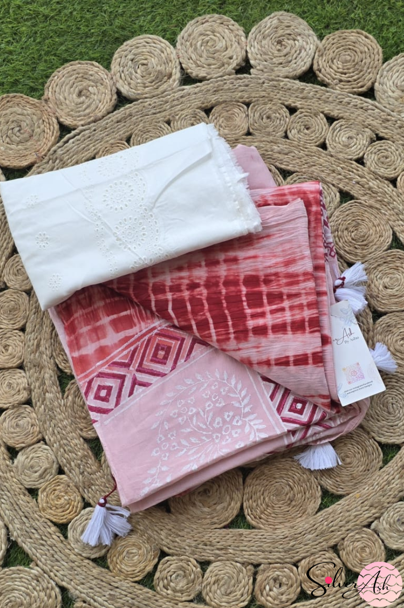 Handblock Printed DHARA MULCOTTON Pink Maroon Saree with Blouse Piece