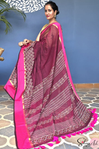 Handblock Printed KASHVI MULCOTTON Wine Saree with Blouse Piece