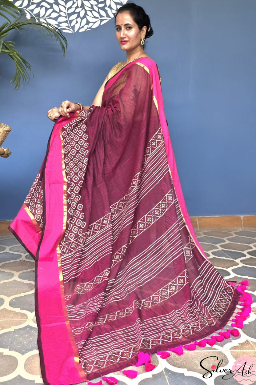 Handblock Printed KASHVI MULCOTTON Wine Saree with Blouse Piece