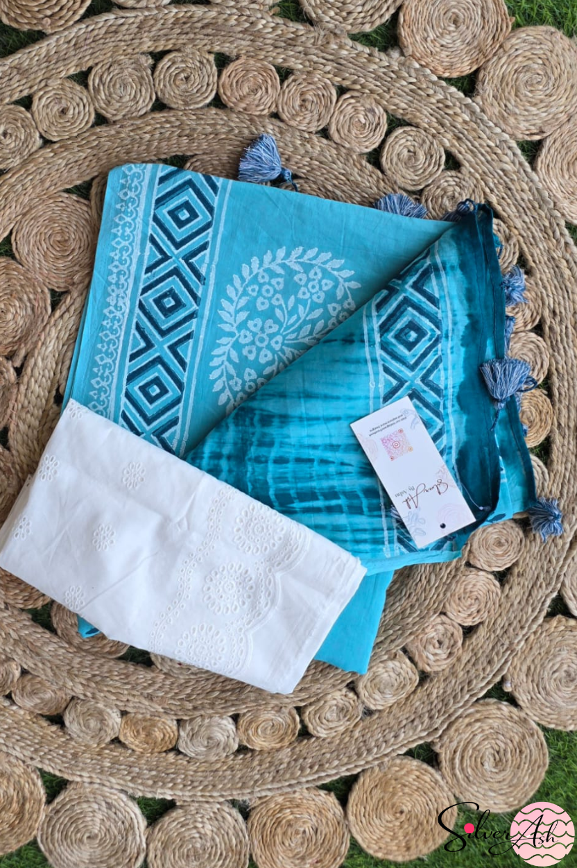 Handblock Printed DHARA MULCOTTON Firozi Blue Saree with Blouse Piece