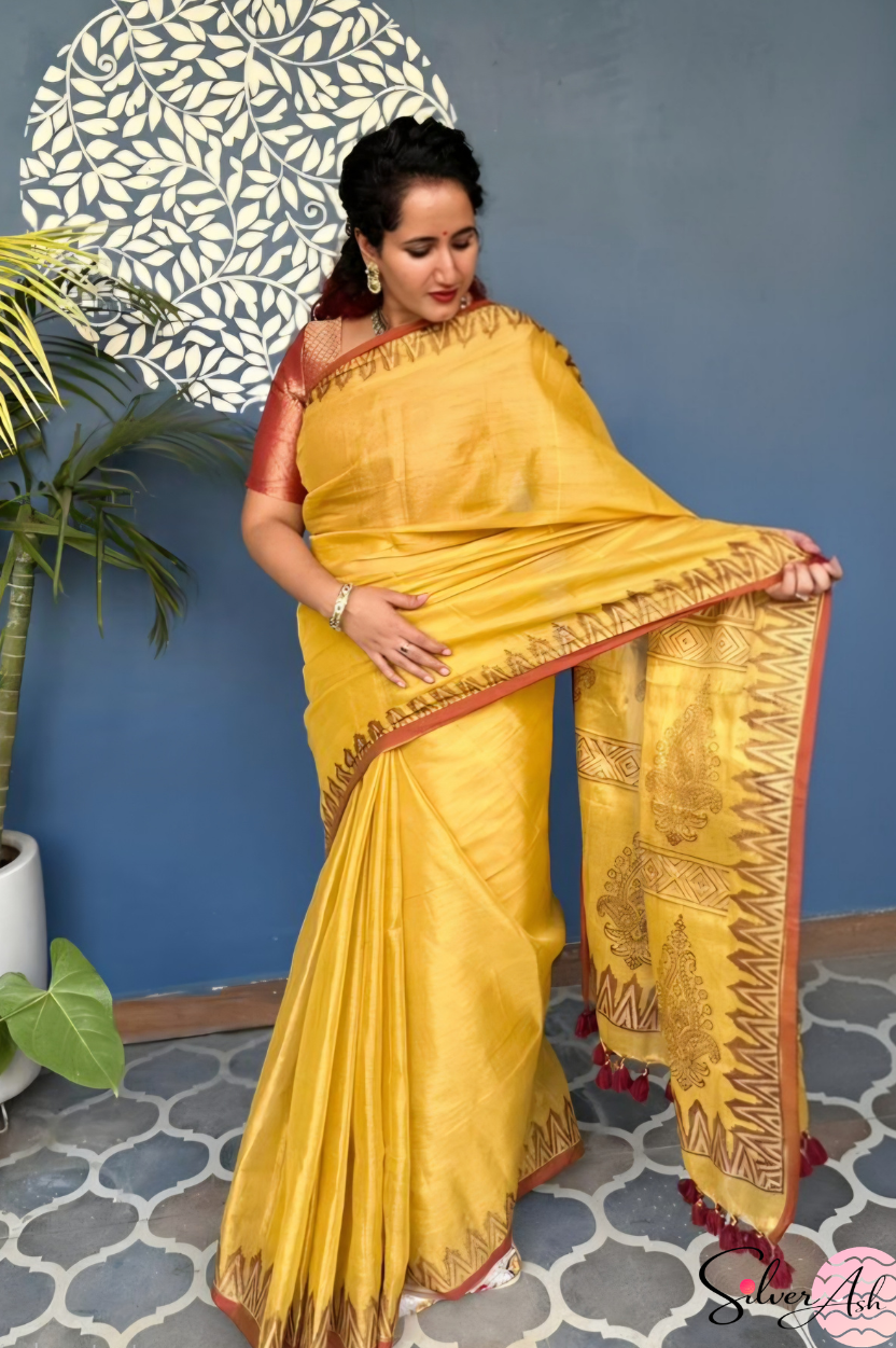 Handblock Printed RAAS Tissue Yellow Saree with Blouse Piece