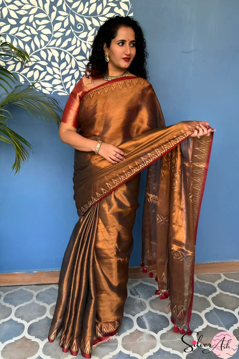Handblock Printed RAAS Tissue Copper Saree with Blouse Piece