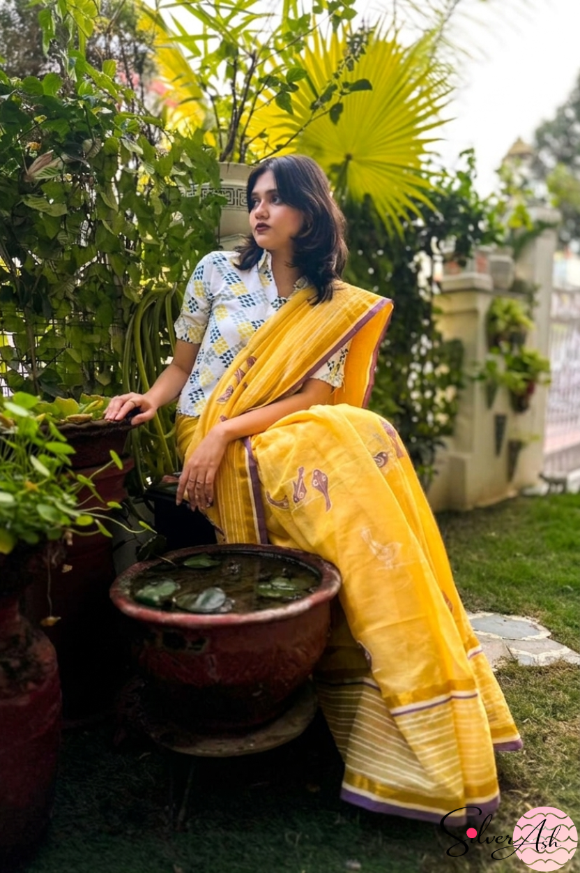 Handblock Printed CHIDIYA MULCOTTON Yellow Saree with Blouse Piece