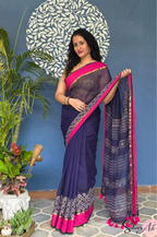 Handblock Printed KASHVI MULCOTTON Blue Saree with Blouse Piece