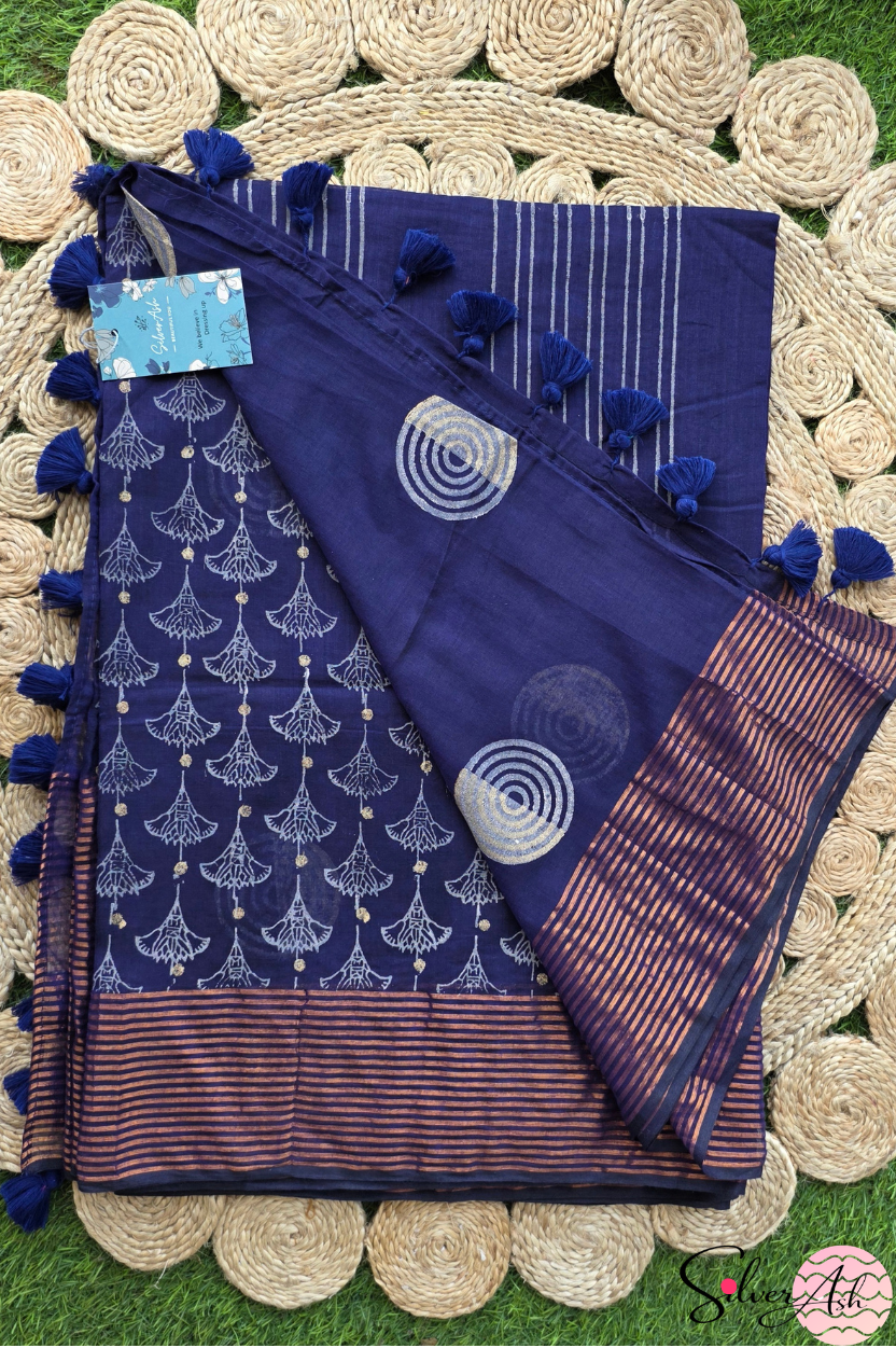 Handblock Printed DIVA MULCOTTON Blue Saree with Blouse Piece