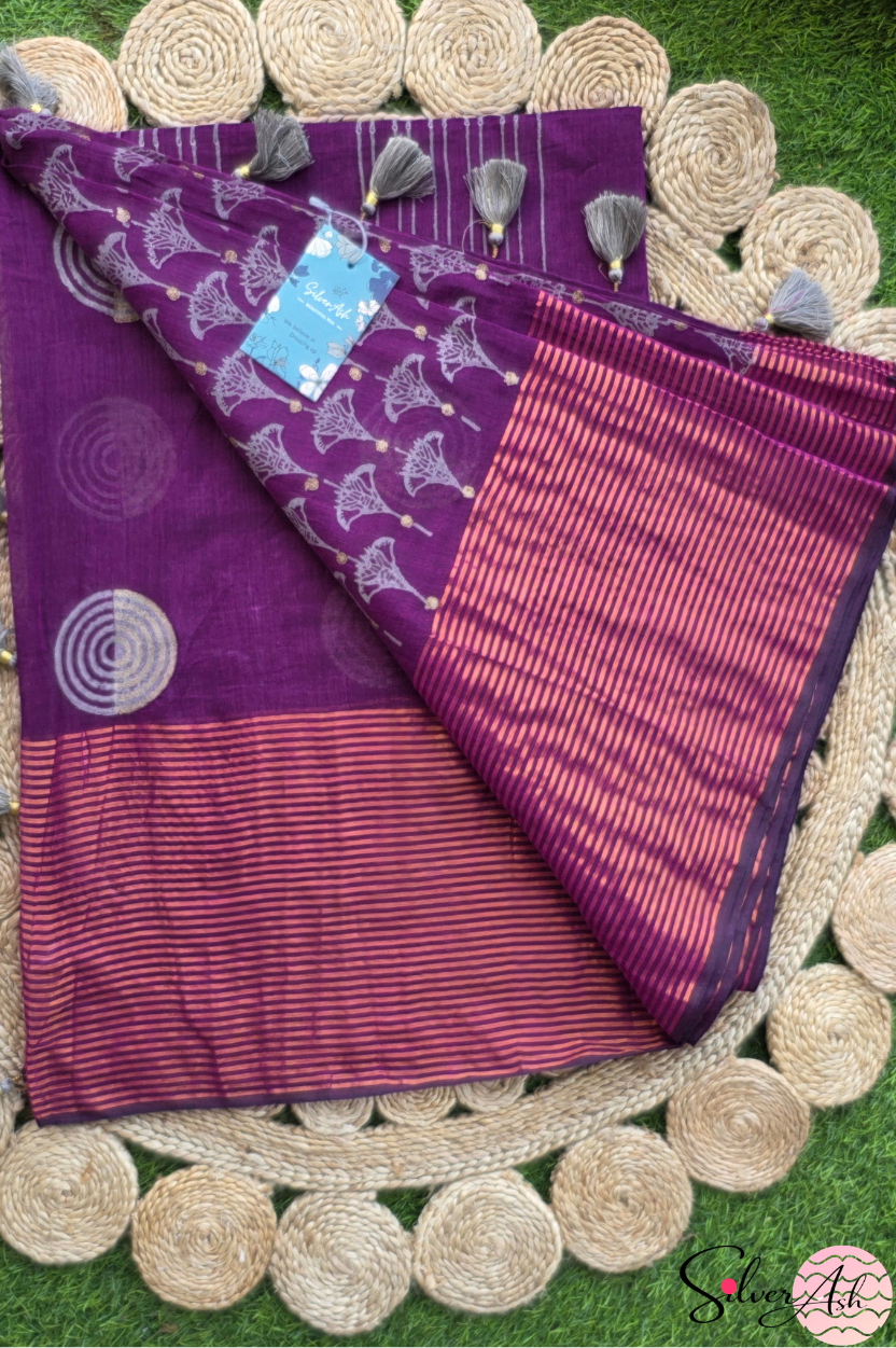 Handblock Printed DIVA MULCOTTON Wine Saree with Blouse Piece