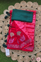 Handblock Printed MAYA MEMSAAB MUSLIN SILK Red Saree with Blouse Piece