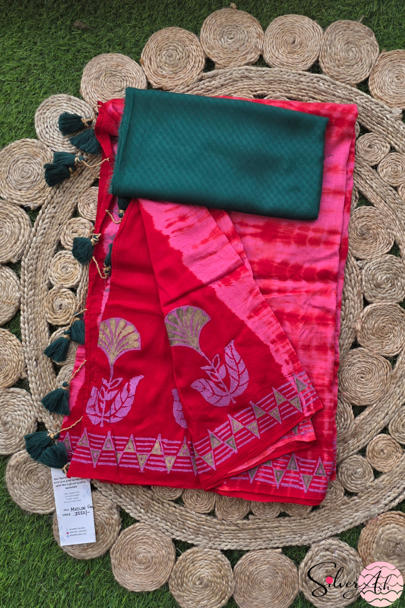 Handblock Printed MAYA MEMSAAB MUSLIN SILK Red Saree with Blouse Piece