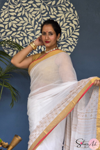 Handblock Printed KASHVI MULCOTTON White Saree with Blouse Piece