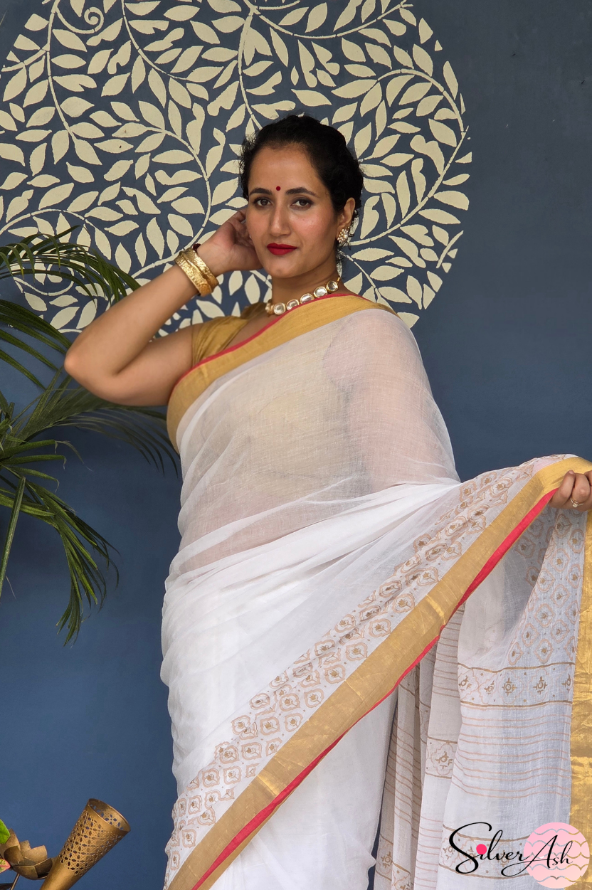 Handblock Printed KASHVI MULCOTTON White Saree with Blouse Piece