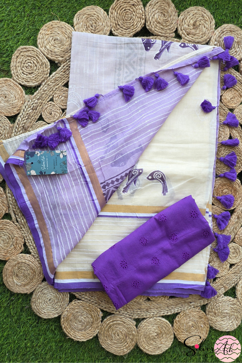 Handblock Printed CHIDIYA MULCOTTON Off White Saree with Blouse Piece