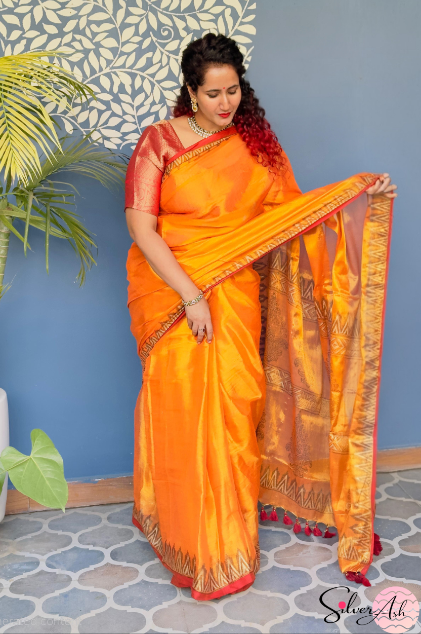 Handblock Printed RAAS Tissue Orange Saree with Blouse Piece