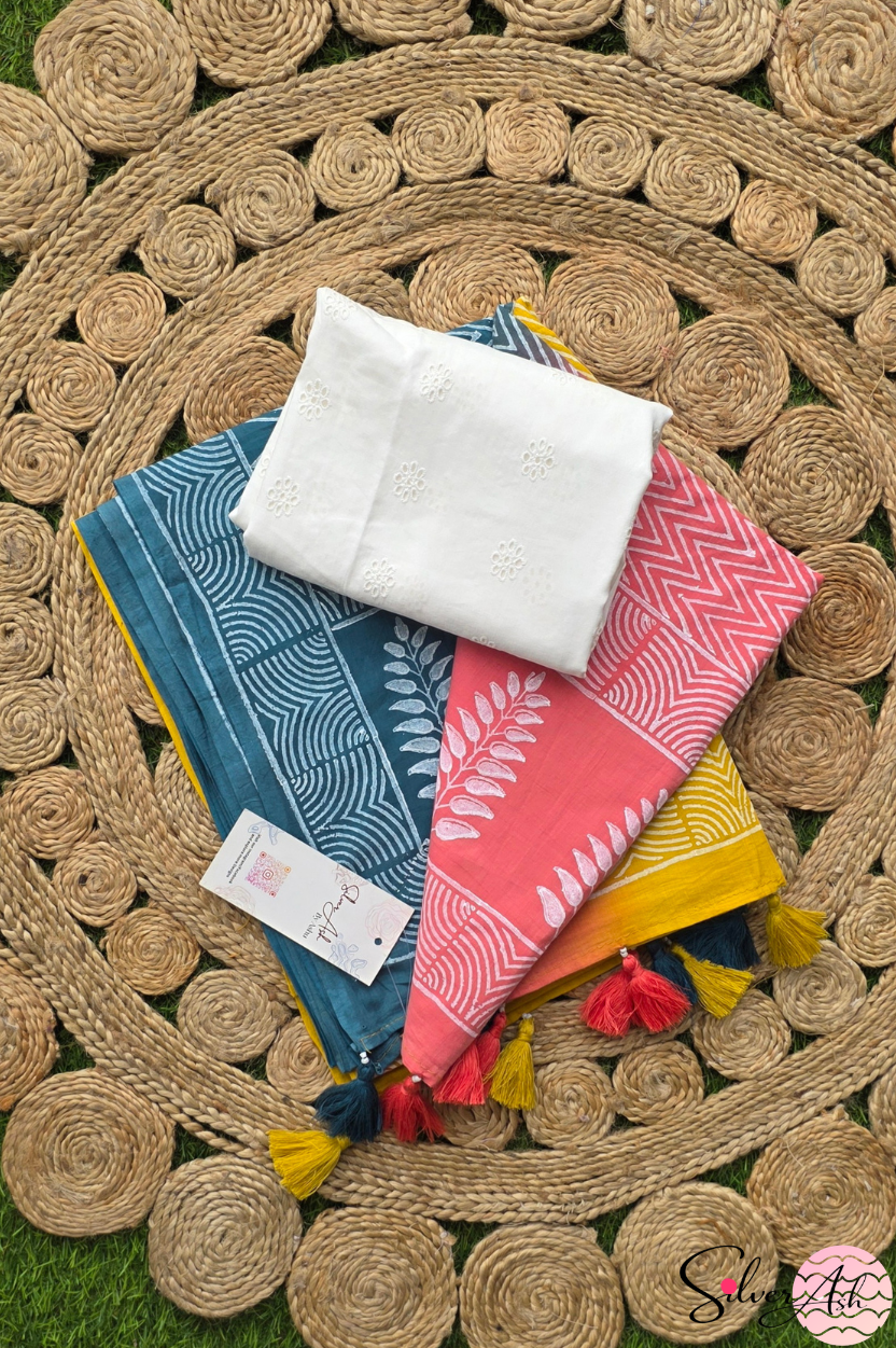 Handblock Printed TRIYA MULCOTTON Peach Saree with Blouse Piece