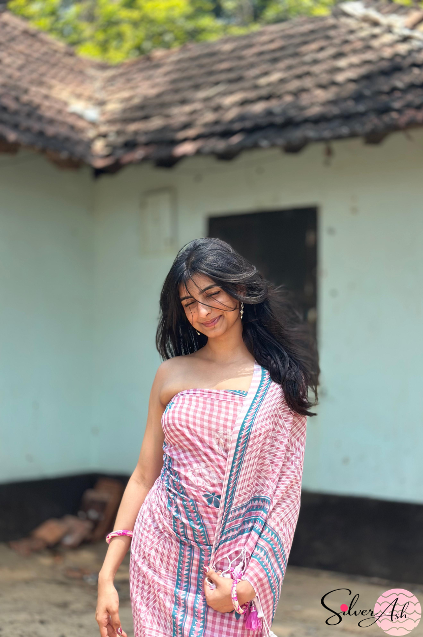 Handblock Printed CHAKOR MULCOTTON Pink Saree