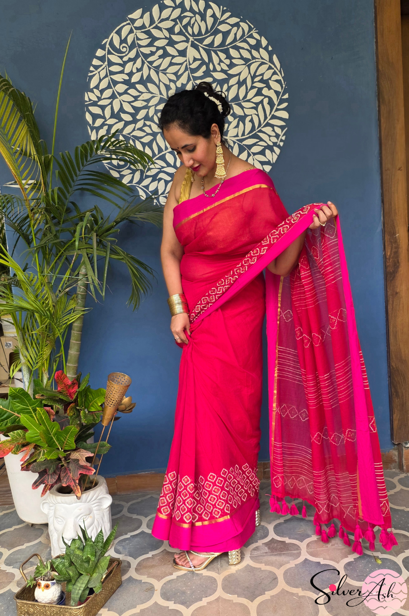 Handblock Printed KASHVI MULCOTTON Pink Saree with Blouse Piece