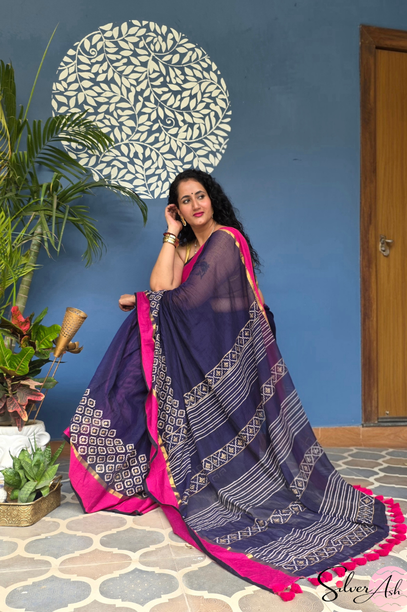 Handblock Printed KASHVI MULCOTTON Blue Saree with Blouse Piece