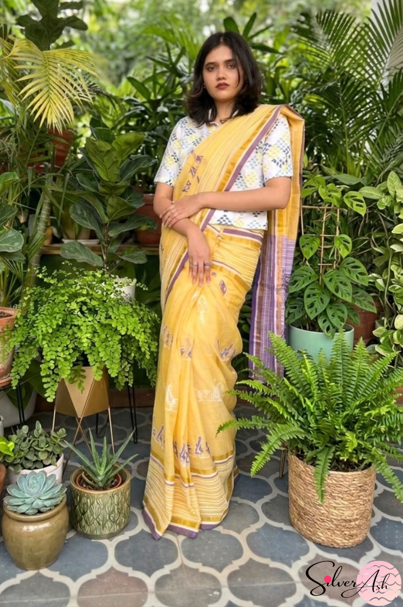 Handblock Printed CHIDIYA MULCOTTON Yellow Saree with Blouse Piece