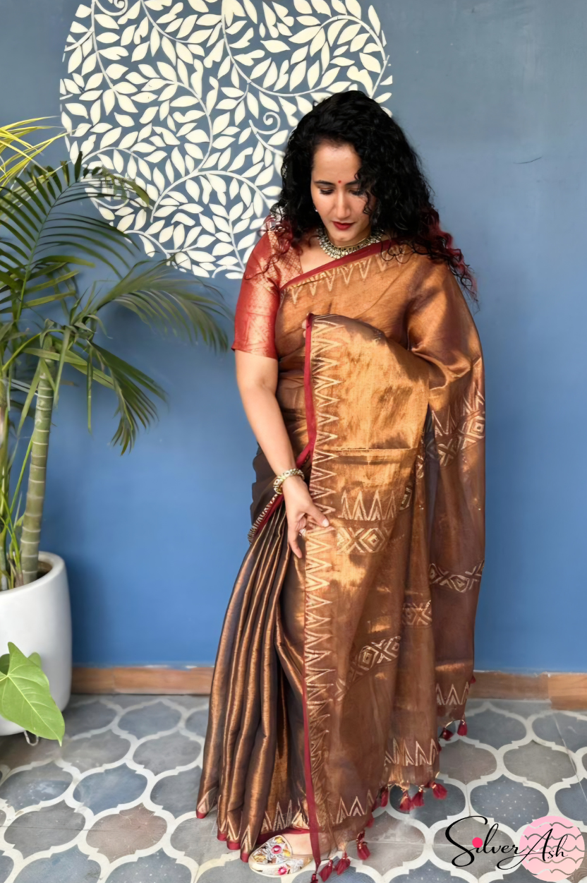 Handblock Printed RAAS Tissue Copper Saree with Blouse Piece