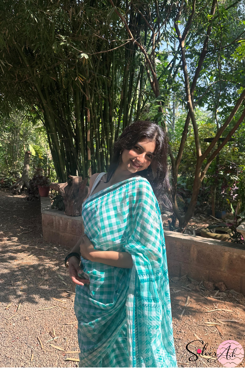 Handblock Printed CHAKOR MULCOTTON Green Saree