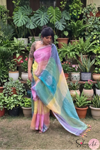 Handblock Printed RANG DE MOHE LINEN GREEN-PINK Saree with Blouse Piece
