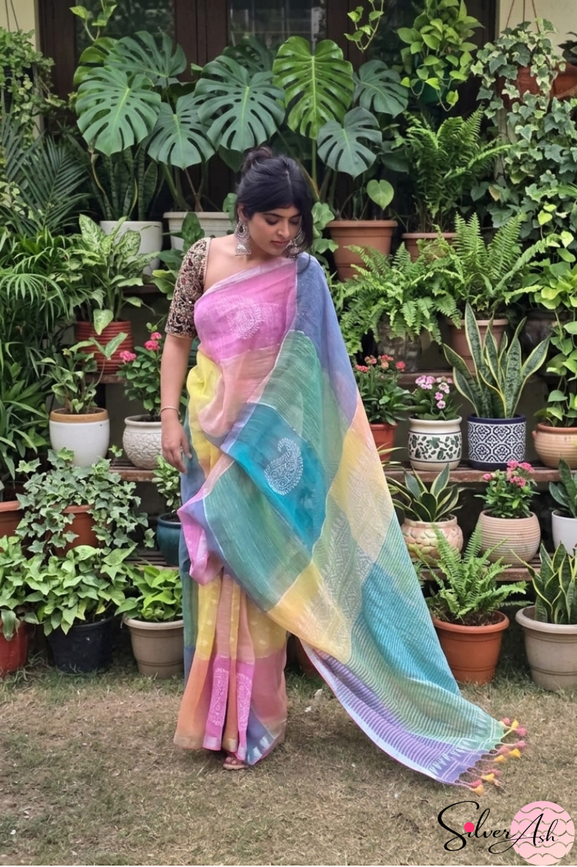 Handblock Printed RANG DE MOHE LINEN GREEN-PINK Saree with Blouse Piece