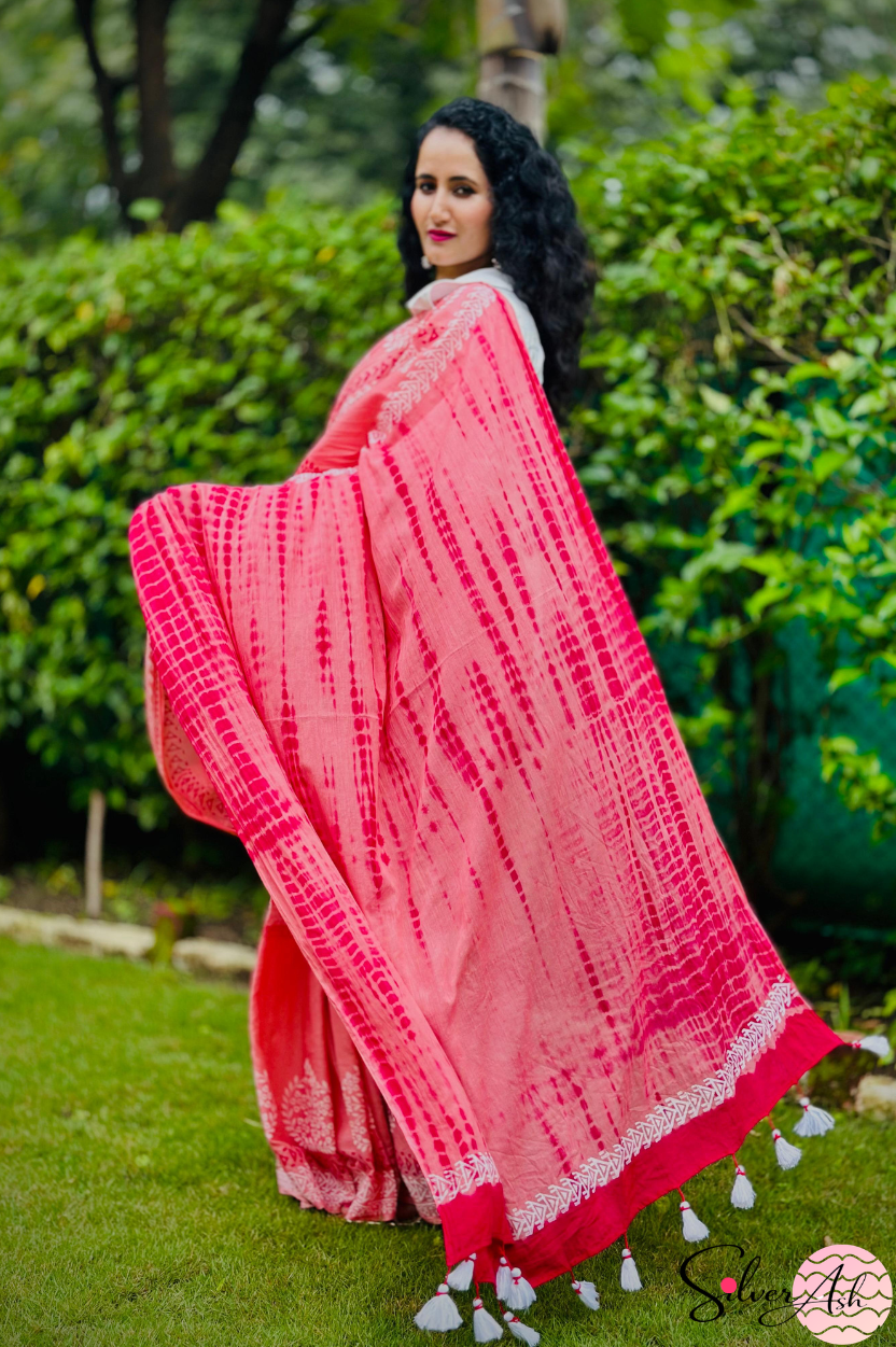 Handblock Printed DHARA MULCOTTON Peach Red Saree with Blouse Piece