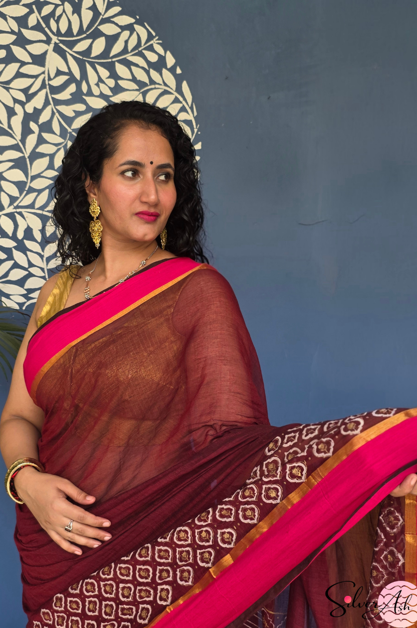 Handblock Printed KASHVI MULCOTTON Coke Saree with Blouse Piece