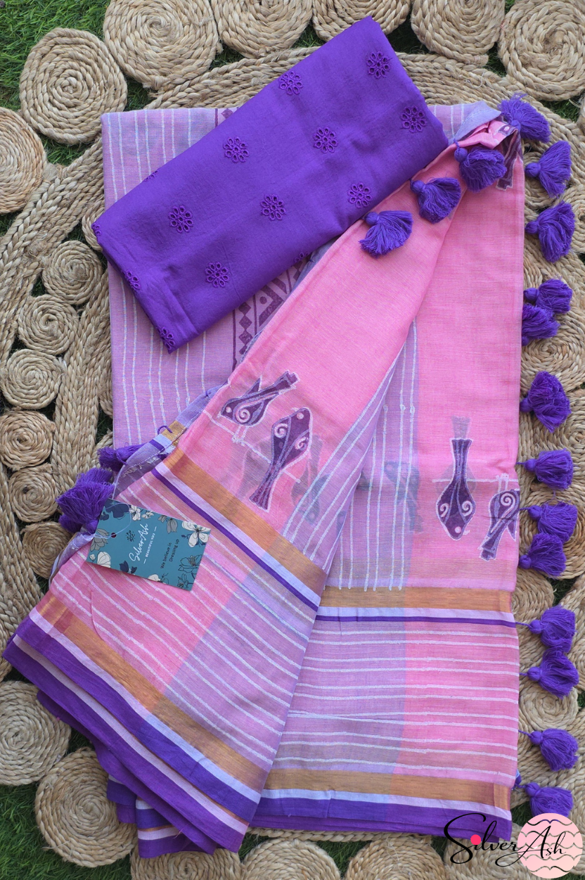 Handblock Printed CHIDIYA MULCOTTON Pink Saree with Blouse Piece