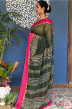 Handblock Printed KASHVI MULCOTTON Green Saree with Blouse Piece