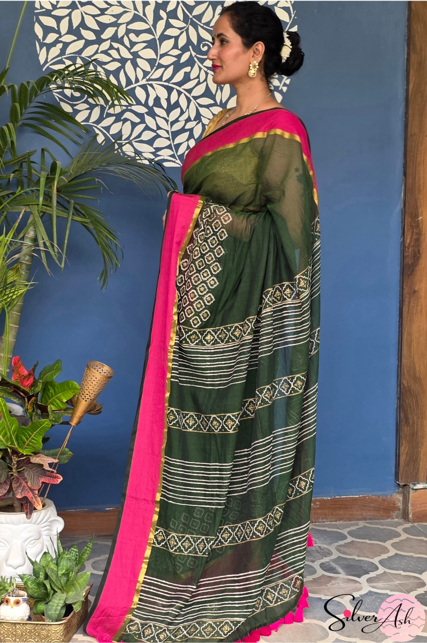 Handblock Printed KASHVI MULCOTTON Green Saree with Blouse Piece
