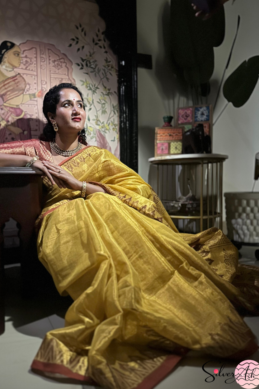Handblock Printed RAAS Tissue Yellow Saree with Blouse Piece