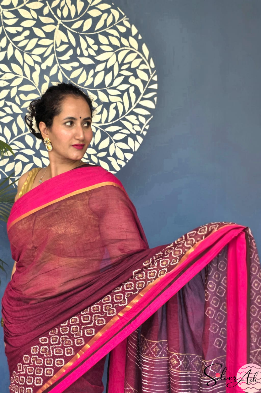Handblock Printed KASHVI MULCOTTON Wine Saree with Blouse Piece