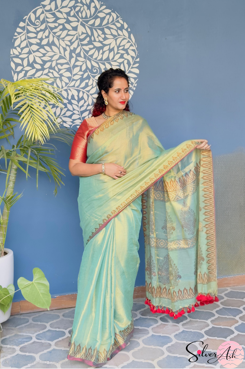 Handblock Printed RAAS Tissue Green Saree with Blouse Piece