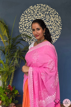 Handblock Printed DIL SE MULCOTTON Pink Orange Saree with Blouse Piece