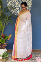 Handblock Printed KASHVI MULCOTTON White Saree with Blouse Piece