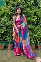 Handblock Printed RANG DE MOHE LINEN BLUE-PURPLE Saree with Blouse Piece