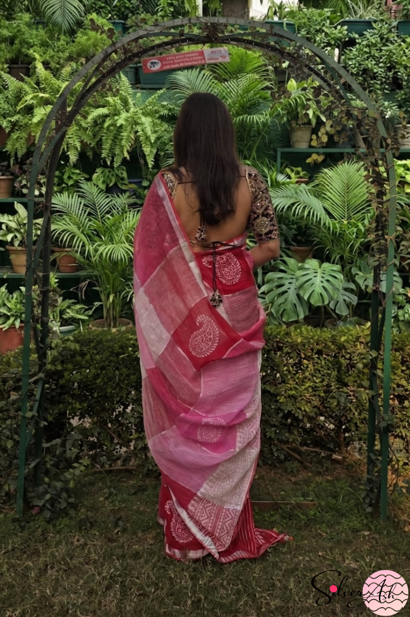 Handblock Printed RANG DE MOHE LINEN PINK-RED Saree with Blouse Piece
