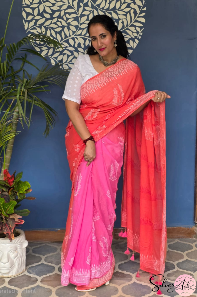 Handblock Printed DIL SE MULCOTTON Peach Pink Saree with Blouse Piece