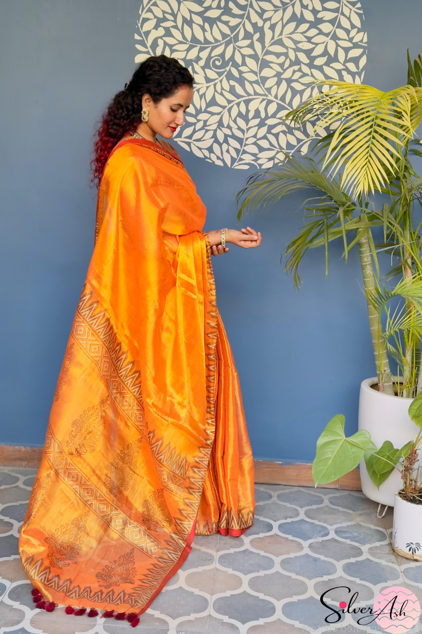 Handblock Printed RAAS Tissue Orange Saree with Blouse Piece